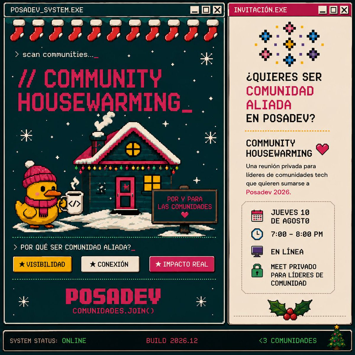 posadev's tweet photo. 🏠💾 COMMUNITY HOUSEWARMING

Posadev es por y para las comunidades tech.

Este jueves 10 tendremos un meet privado para líderes de comunidad que quieran sumarse como comunidades aliadas en Posadev 2026. https://t.co/l22mz2bqiU
comunidades.join() https://t.co/QUsVpIHn6V