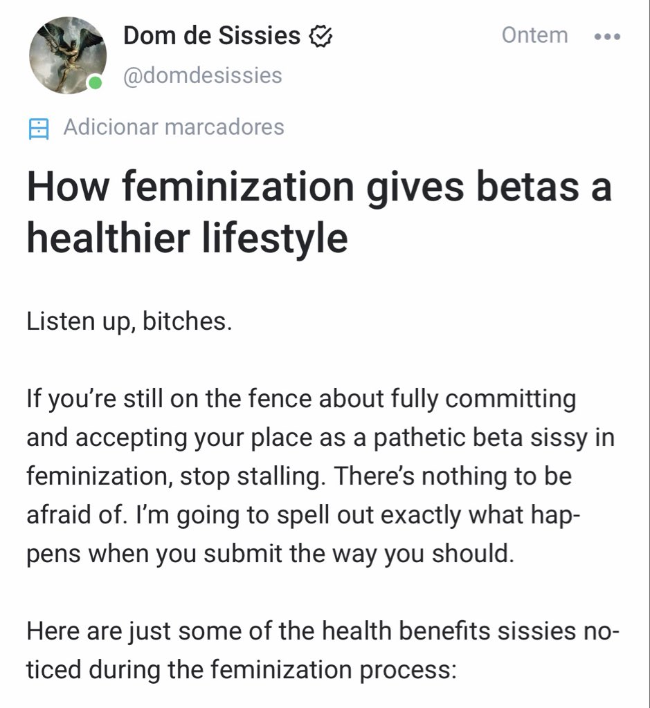 domdesissies's tweet photo. New post explaining some of the reasons why feminization is beneficial and improves the lives of betas.

Subscribe here to be trained and feminized by me:

https://t.co/NZofasmJuB https://t.co/wpNOWmRAp6