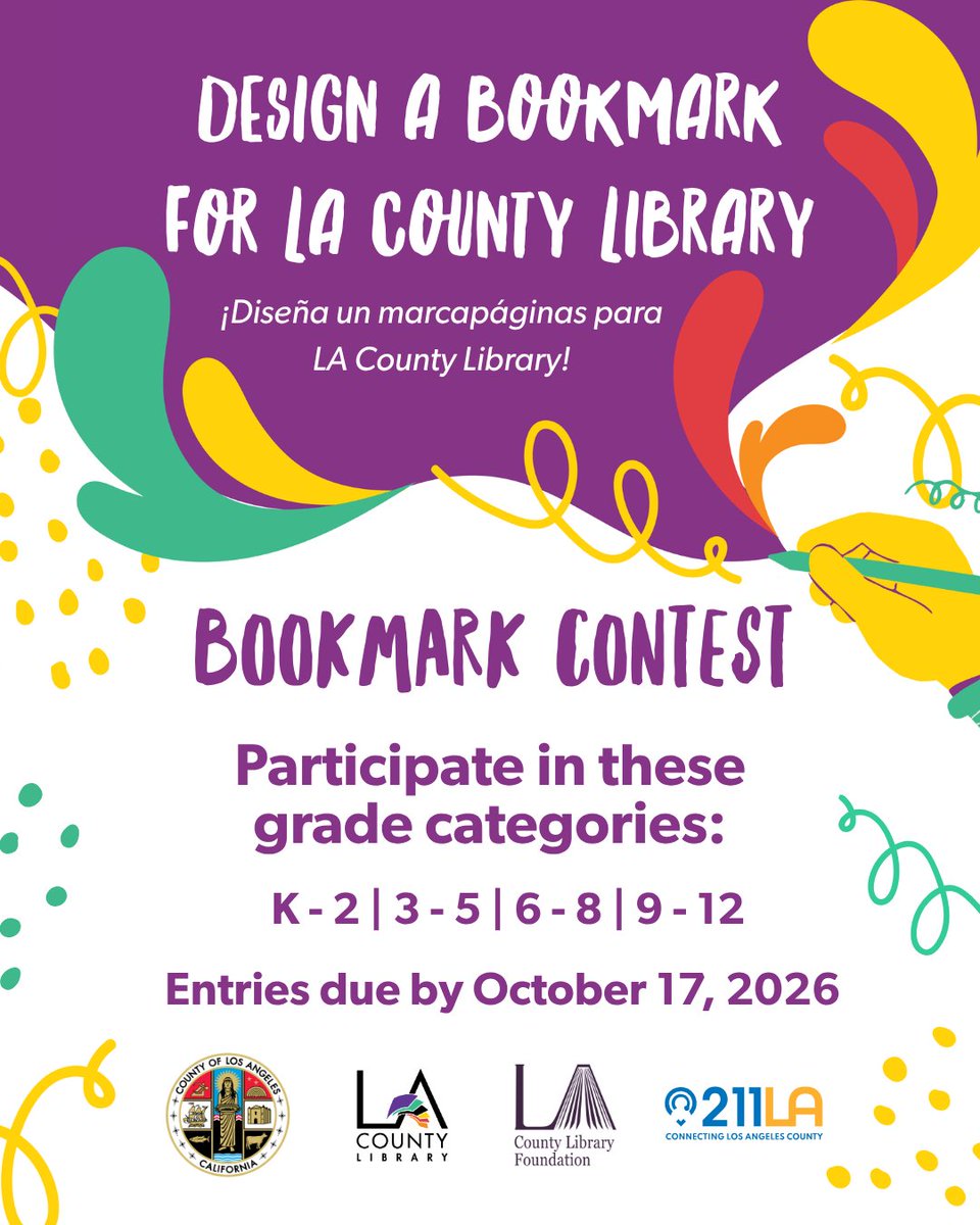 LACountyLibrary's tweet photo. Calling all young artists! Our 47th Annual Bookmark Contest runs now through October 17. 
📚🖍️🔖🎨
Students in grades K–12 are invited to submit an original bookmark design inspired by reading, books, libraries, or their own imagination.

Learn more at https://t.co/MkZSJVGqpb https://t.co/S3Rx8sp3bg