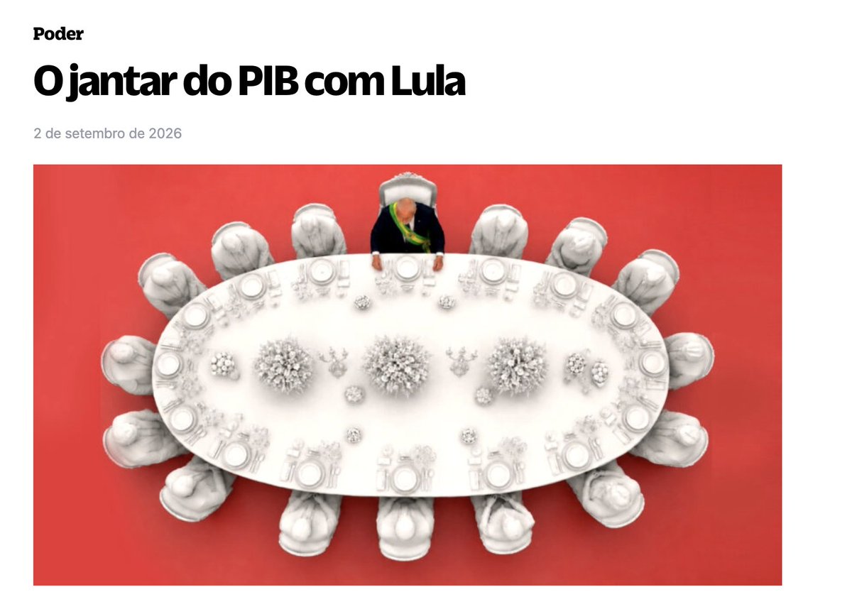 opapoeconomico's tweet photo. O Brazil Journal publicou o relato de dentro do jantar de Lula com 16 empresários no Alvorada, e ele explica o pregão de hoje melhor que qualquer pesquisa.

Na mesa, o roteiro de sempre. Esteves elogiando e repetindo que consertar o fiscal "é muito fácil de fazer". Mercadante admitindo que "não se derruba juros na canetada". O dono da Amil lembrando que "nenhum de nós chegou aqui de ônibus".

E o detalhe involuntariamente simbólico: quem deu o tom mais realista sobre as contas públicas foi Joesley Batista. "A preocupação já não é mais só da Faria Lima, ela já chegou às pessoas comuns."

Lula respondeu que "entende" a preocupação fiscal e recorreu ao passado: "o único presidente do G20 que entregou 8 anos de superávit primário". Sobre o futuro, nada.

Mas a frase que importa foi dita na saída, de um empresário pra outro, longe do protocolo:

"Ele vai perder a eleição. Não é que ele esteja velho, ele está desconectado. Ele não entende o tamanho do problema, e pode vir uma onda de direita na reta final."

É por isso que a bolsa sobe com pesquisa apertada. O smart money não espera o boletim de urna: janta no Alvorada na segunda e reposiciona a carteira na terça.

fonte: Brazil Journal (Geraldo Samor)