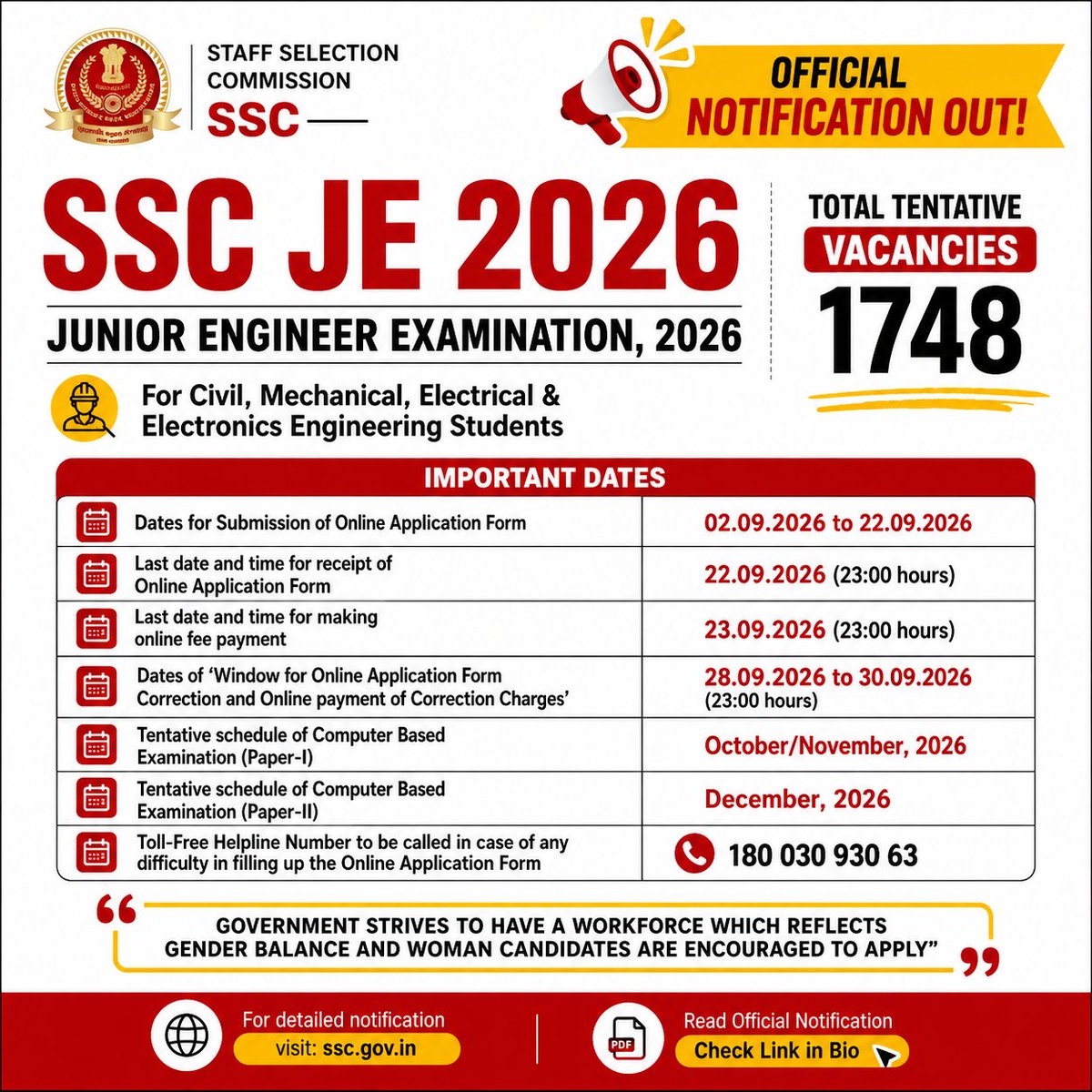 Ram_Sir_MNIT's tweet photo. #SSCJE 2026 Detailed #Notification is Out for Civil, Mechanical and Electrical Engineering students. in this Notification there are lot of changes. 
the biggest changes is that Electronics Engineering Branch is Included.
 
The Exam Date for SSC JE CBT-1 &amp; 2 https://t.co/Lgtzl5bZBe