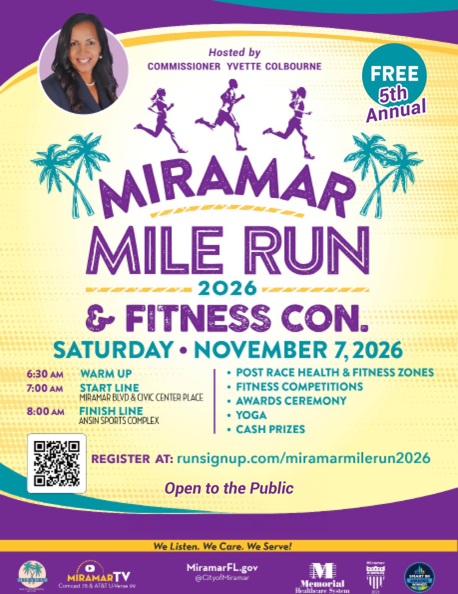 CityofMiramar's tweet photo. Join us for a fun and active day at the Miramar Mile Run & Fitness Con hosted by Commissioner Yvette Colbourne

This event features cash prizes, health & fitness zones, and exciting activities for the whole family. Warm up, run, and celebrate with us!

Saturday, November 7
6:30AM: Warm Up
7:00AM: Start Line: Miramar Blvd & Civic Center Place
8:00AM: Finish Line: Ansin Sports Complex | 10801 Miramar Blvd Miramar, FL 33025

Register: https://t.co/cGLLVYbehv