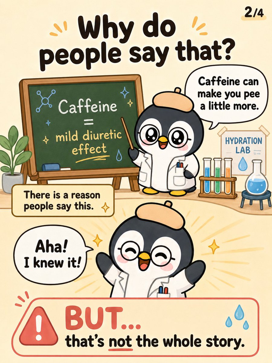 chenquan_1's tweet photo. Wait… coffee DOESN’T dehydrate you? ☕💧

Coffee can make you pee a little more — but it still counts toward your fluid intake. ☕💧
So no, coffee isn’t “negative water.” 🐧

#CoffeeFacts #Hydration #WaterFacts #DidYouKnow #PenguinScience #SipPal #Healthy https://t.co/xzKnsmBllm