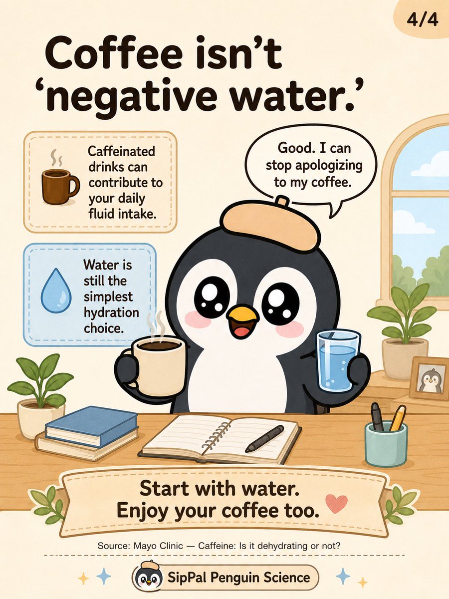 chenquan_1's tweet photo. Wait… coffee DOESN’T dehydrate you? ☕💧

Coffee can make you pee a little more — but it still counts toward your fluid intake. ☕💧
So no, coffee isn’t “negative water.” 🐧

#CoffeeFacts #Hydration #WaterFacts #DidYouKnow #PenguinScience #SipPal #Healthy https://t.co/xzKnsmBllm