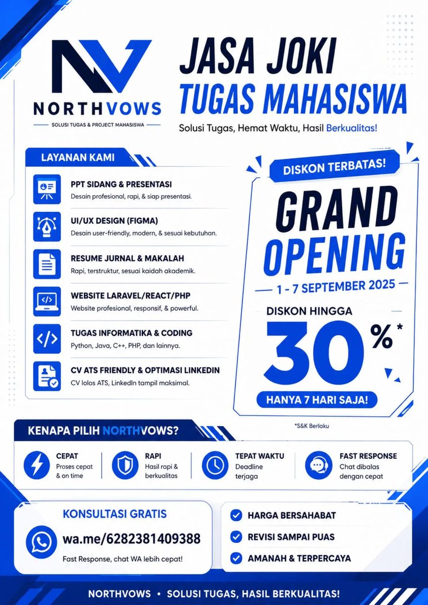 North_Vows's tweet photo. Tugas numpuk? Serahin ke NorthVows 🚀 PPT • UI/UX • Website • Coding • CV ATS | 🔥 Grand Opening Diskon 30% (1–7 Sept) | 📱 https://t.co/lV5vXi6Msn #JokiTugas #JasaPPT #UIUX #zonauang #zonauangㅤ https://t.co/FpWccOY1z0