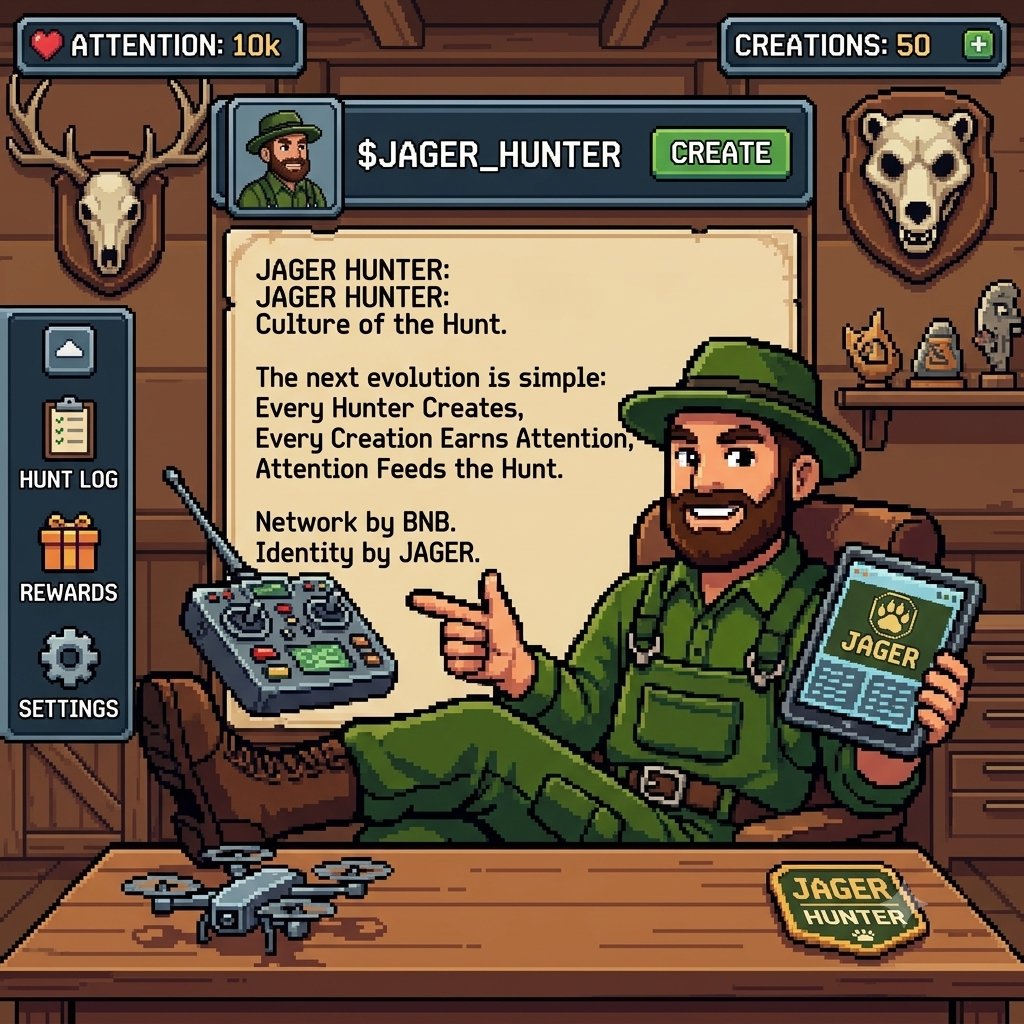 QuangThanho's tweet photo. I see JAGER as a hunting culture, not just a token brand. The next evolution could be simple: every Hunter creates, every creation earns attention, and attention feeds the next hunt. BNB provides the network; JAGER provides the identity. That loop can compound. #JAGER #BNB100K https://t.co/ztj4bgUx8d
