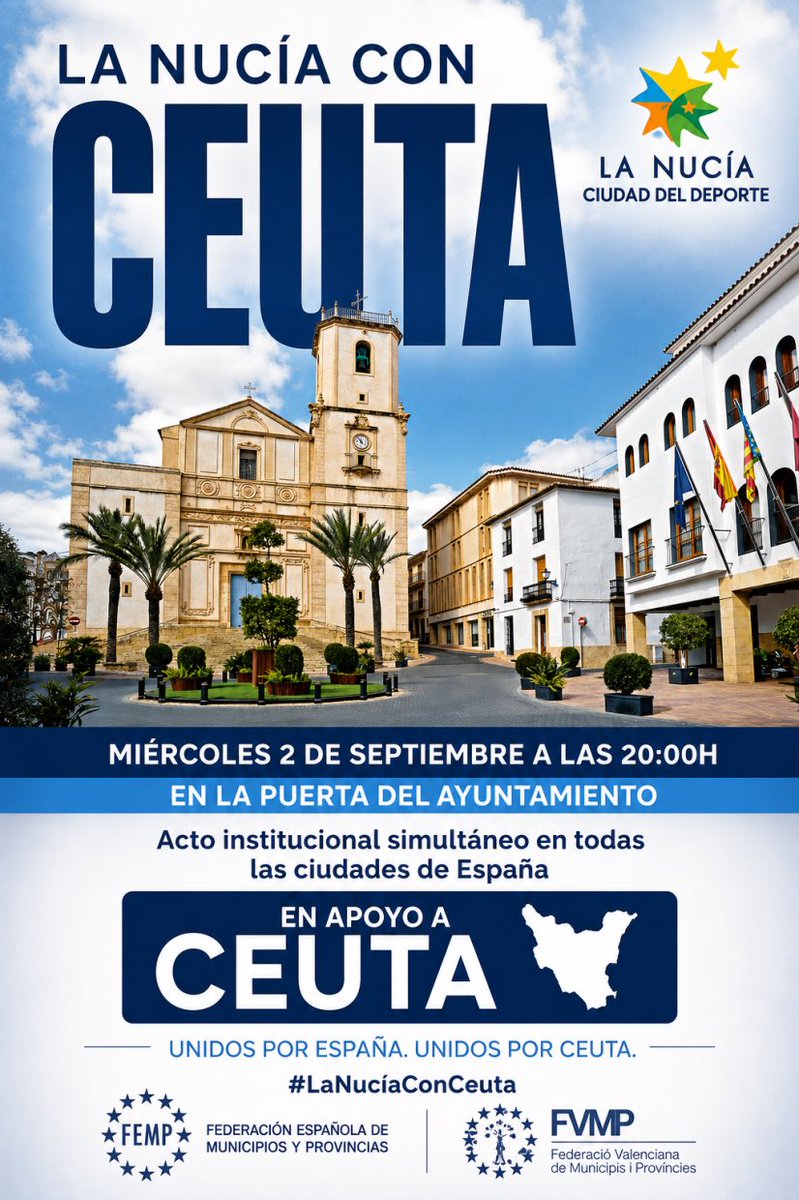 BernabeCanoES's tweet photo. 🇪🇸🤝@LaNuciaES se suma hoy a la concentración convocada de forma simultánea en municipios de toda España con motivo del Día de Ceuta junto a la @fempcomunica y la @fvmpendirecto.❤️

📅 Hoy🕗 20:00 h
📍 Plaça Major 

¡Os esperamos! 🇪🇸🤝

➕ℹ️👉 https://t.co/a2yKV2MV6J https://t.co/4CNnWRDWGJ