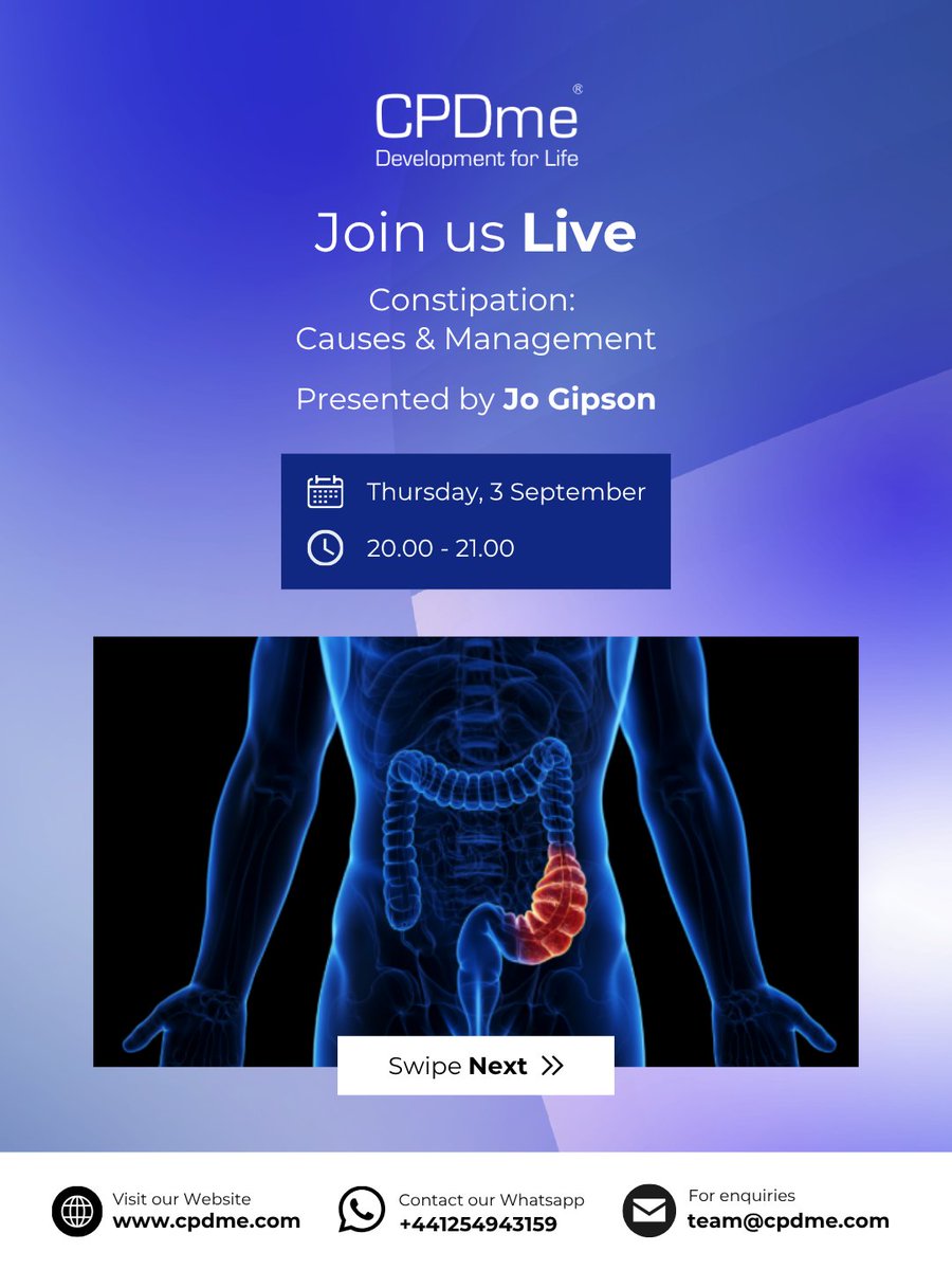 cpdme's tweet photo. 🚨 Last Chance to Join

Constipation: Causes &amp; Management
🎤 Presented by Jo Gipson
🗓️ Thursday, 3 September 2026
⏰ 20:00 - 21:00

🎟️ Register here:
https://t.co/wn6yZR5kSK

🔔 Download &amp; Get Free 14-day Trial:
https://t.co/1wBbGrx8K0

#CPD #CPDme #MedicalWebinar https://t.co/ifcRX9QaZ3