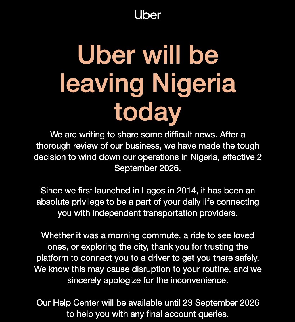 yabaleftonline's tweet photo. Uber is leaving Nigeria after 12 years of operations. https://t.co/xuOKtf1BzE
