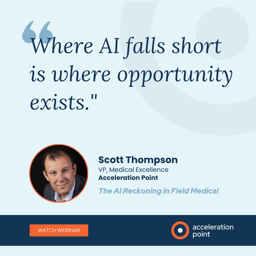 accel_point's tweet photo. Only 6% of MSLs believe AI will significantly change their role. That number is not reassuring. It is the warning.

In a recent session, Scott Thompson and Linda Traylor make the case that the 6% figure, from an MSL Society survey, dramatically underestimates what is already happening. Digital MSLs are not a future scenario or a pilot. They are in production right now, monitoring HCPs, predicting behavior, drafting communications, and planning engagement.

Here is the uncomfortable part. An estimated 70 to 80% of MSL time goes to awareness, understanding, and admin, which is exactly the work AI does best. That is the exposed zone.

But the conversation is not a doomsday take. It is a roadmap. Scott and Linda map the work to a scientific engagement spectrum: awareness and understanding are where AI already wins, while belief and impact are where humans still own the outcome. Trust, conviction, follow-through, and showing up when things get hard are not soft skills anymore. They are the hard skills of the future.

They close with a five-step playbook Field Medical leaders can start this week, built around a single shift: stop presenting data, start architecting belief.

If you lead or coach field teams, this is a clear-eyed look at what AI actually changes, and what only your people can do. #MedicalAffairs #FieldMedical #ArtificialIntelligence

Watch the full session on-demand.👇
https://t.co/lgzbGGvua5