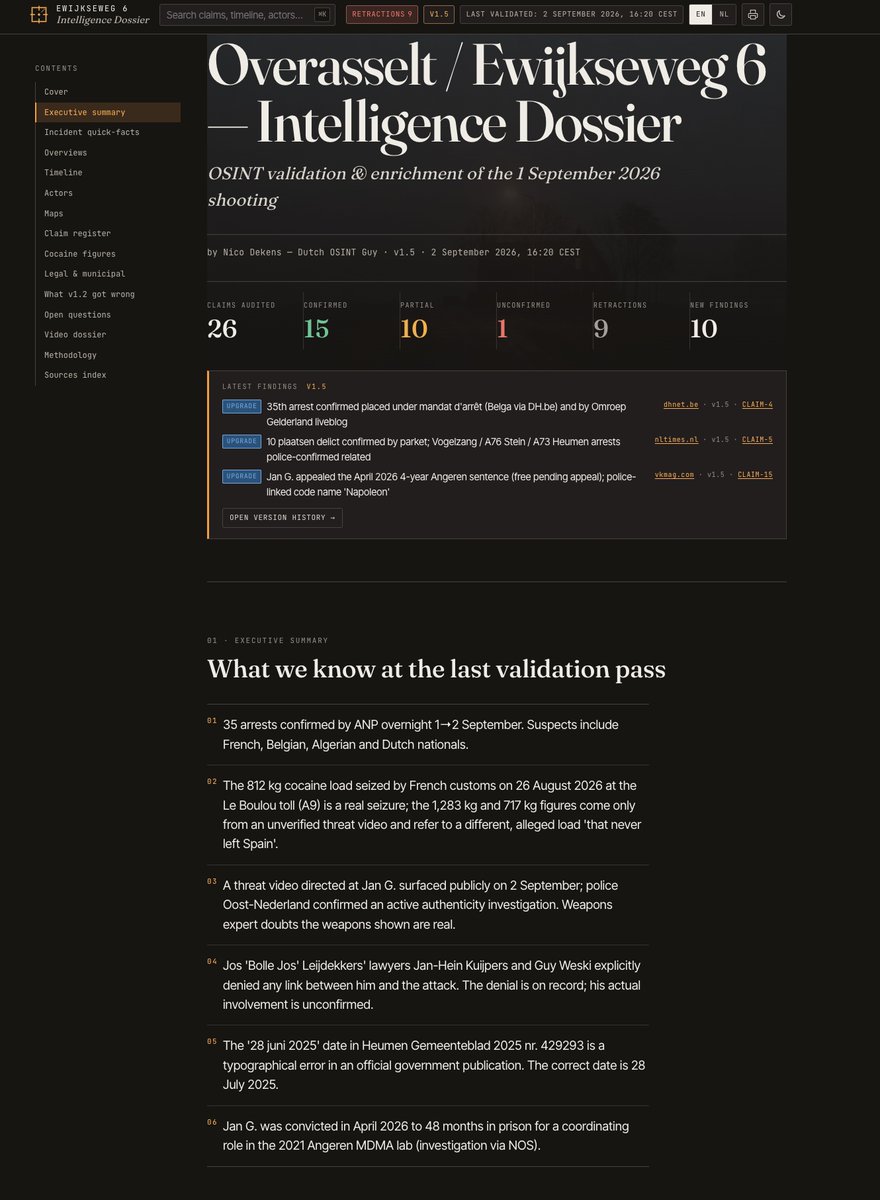 dutch_osintguy's tweet photo. There was a horrific incident in the city of Overasselt (Netherlands) that hit the global news yesterday. It is a drugs cartel related case. I've created a Dossier on this that will track this case and update every 12 hours. 

You can visit the site here: https://t.co/FmfrisUqzh

Context: 
Over the past 48 hours, Overasselt has been shaken by a major, fatal shooting and a large police operation.

Early Tuesday morning, at around 04:00, police responded to a suspicious situation at a house on Ewijkseweg. When officers arrived, they were fired upon. A 51-year-old man from Wijchen was found critically injured and later died.

Two police officers were also shot. They were taken to hospital and are now out of life-threatening danger. Colleagues reportedly gave them emergency treatment while the scene was still unsafe.

The incident involved a large group of masked individuals, some apparently armed. Police are reviewing footage and investigating what happened, who fired the shots, and the role of each person involved.

At least 34 people have been arrested in and around Overasselt, including during operations near Nijmegen station and on the A73 and A76 motorways. Police have seized weapons, vehicles, and digital devices. Some reports indicate a possible additional arrest overnight, but the official count remains 34.

The suspects include people from the Netherlands, Belgium, France, and Algeria. They are being questioned individually, and authorities have not yet announced charges or established responsibility.

Police and prosecutors describe the background as a possible long-running conflict. The property involved had also been targeted in a shooting last year. Media reports have speculated about an organised-crime or drug-conflict connection, but this has not been officially confirmed.

The stay-indoors advisory for Overasselt and nearby Nederasselt has been lifted. Police say there is no indication that suspects are still hiding locally, though the investigation and extra patrols remain ongoing.
 #OSINT #overasselt #ewijkseweg