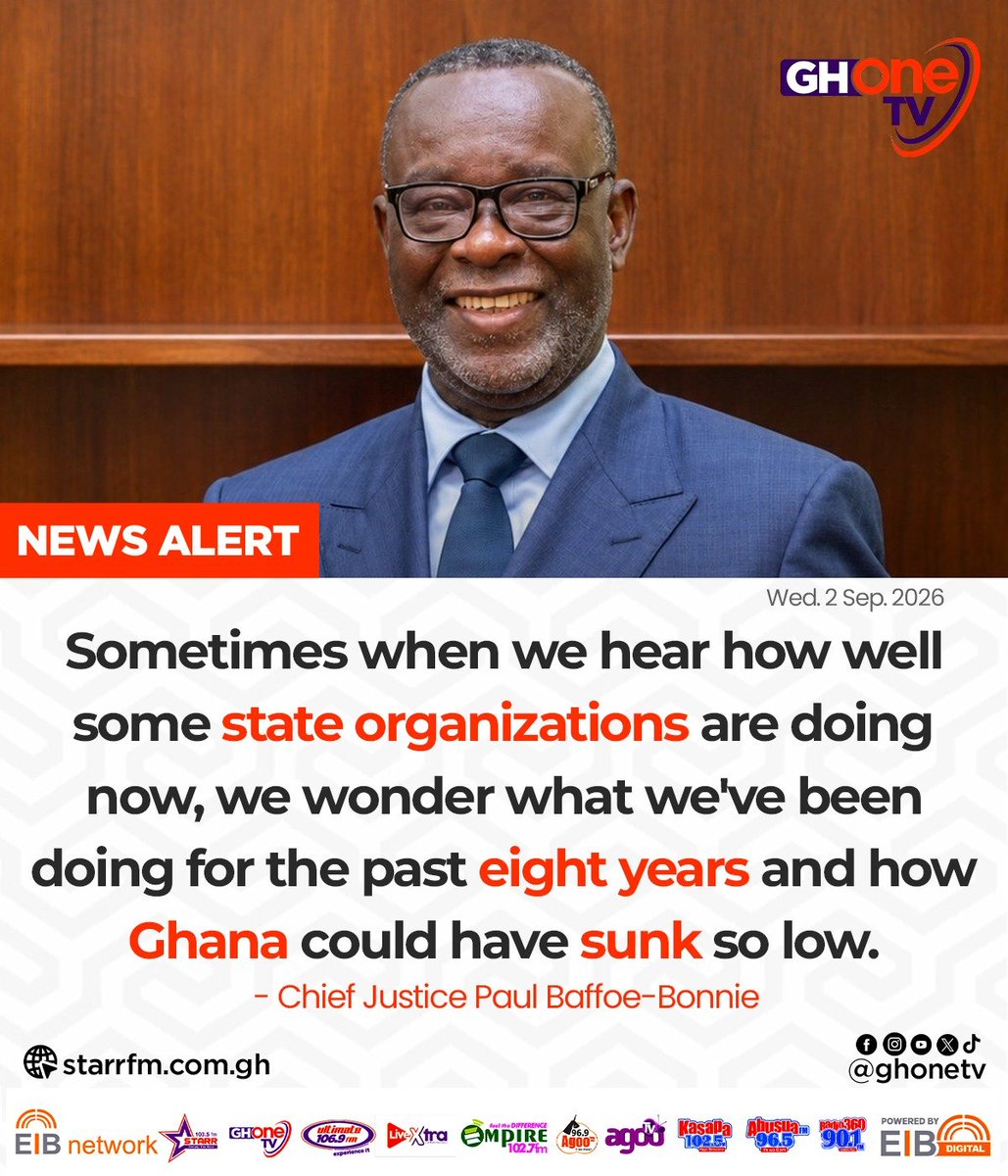 ghonetv's tweet photo. Sometimes when we hear how well some state organizations are doing now, we wonder what we've been doing for the past eight years and how Ghana could have sunk so low... - Chief Justice Paul Baffoe-Bonnie

#EIBNetwork #GHOneTV 
#GHOneNews #NewsAlert https://t.co/FqsFzJNIFe