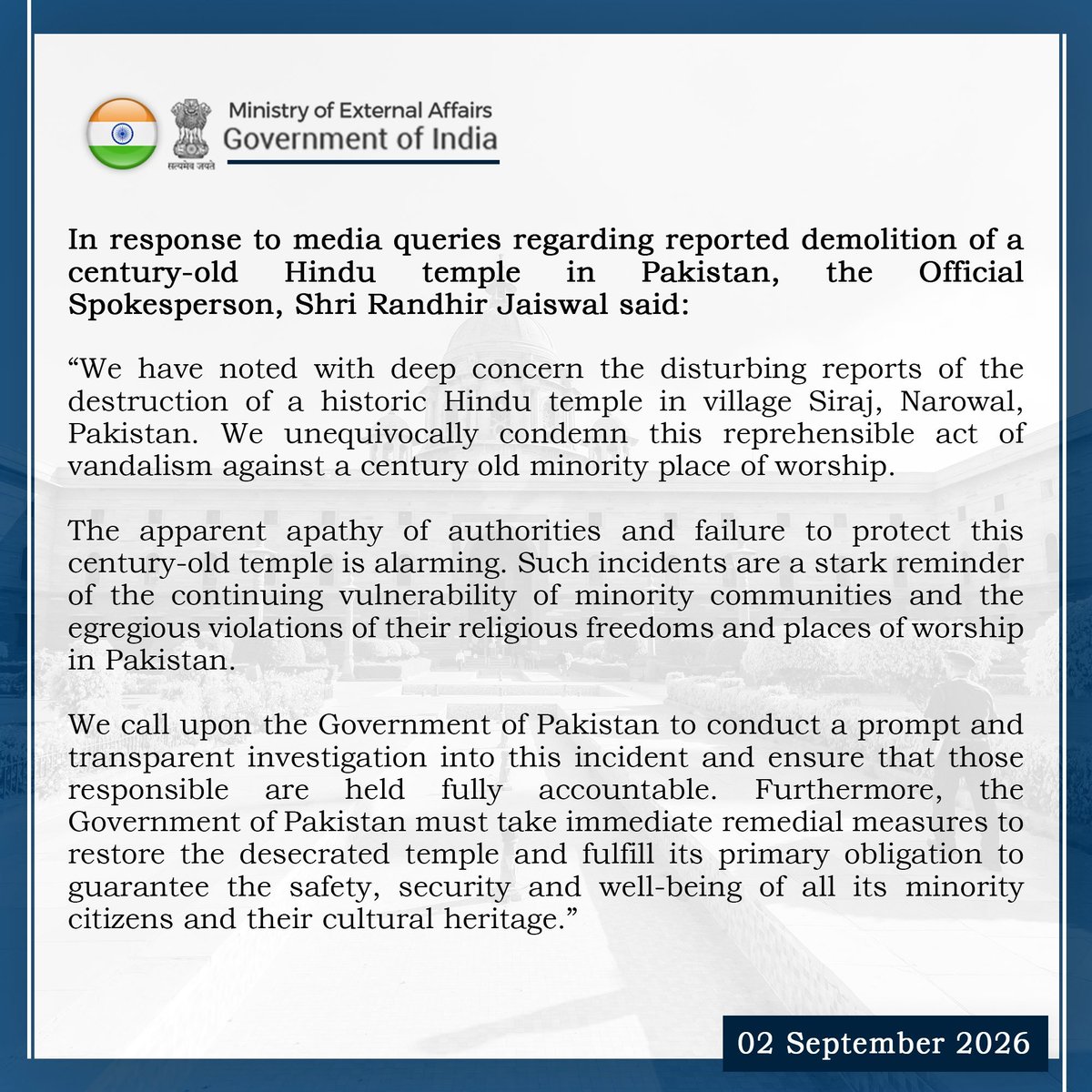 sidhant's tweet photo. Breaking:

India condemns demolition of a centuary old Hindu temple in Pakistan https://t.co/JI1y8191Tt