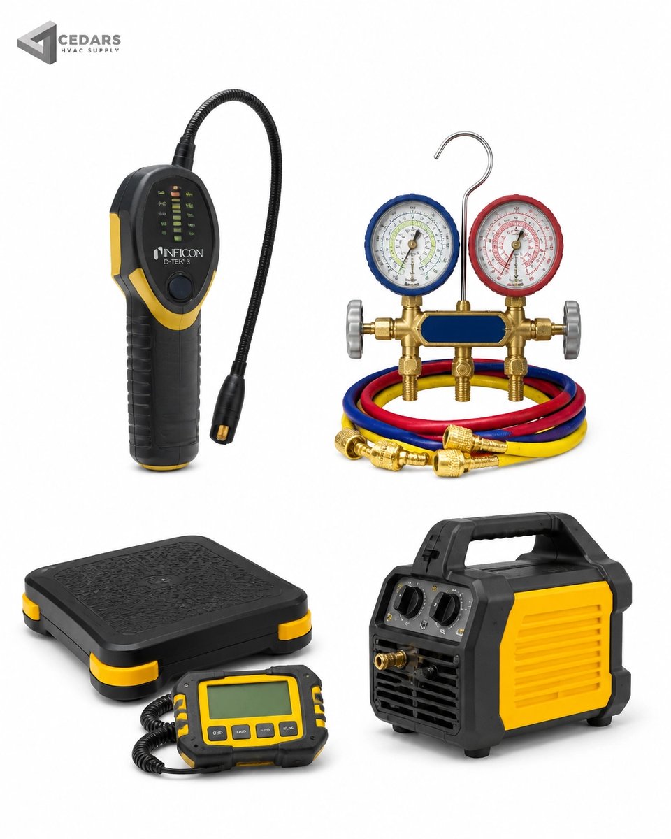 Cedars_HVAC's tweet photo. Finish refrigerant work with precision. 🔧 INFICON D-TEK 3 • YELLOW JACKET 42006 • FIELDPIECE 252 LB scale • 1/2 HP recovery machine. https://t.co/HKxyBrzgLv (CLICK LINK IN BIO 👆🏼) #HVAC #Refrigeration #HVACTools #Contractors https://t.co/byKMVo4jWk