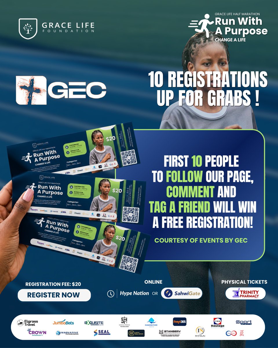 GraceLifeFDN's tweet photo. 10 FREE REGISTRATIONS UP FOR GRABS!
Courtesy of Events by GEC, we're giving away 10 free spots to the Grace Life Half Marathon 2026!

Here's how to win one:
✅ Follow our page
✅ Comment below
✅ Tag a friend

The first 10 people to complete all three win a FREE registration!

📅 6 September 2026 | 05:30 AM
📍 ZB Sports Club, Vainona, Harare
💵 $20
Register: links in bio

#RunWithPurpose #GraceLifeHalfMarathon2026 #ChangeALife #WinAFreeSpot