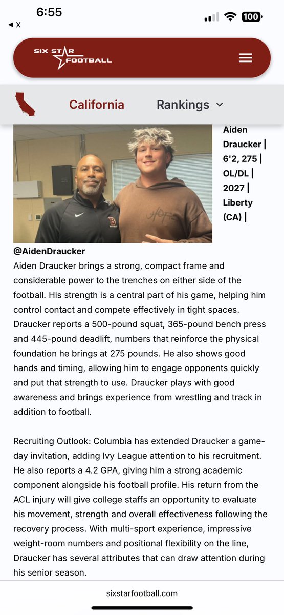 AidenDraucker's tweet photo. Always humbled. Thank you @sixstarfootball for the updates. Climbing the ladder this year. 🔥💪🏽 https://t.co/rkJKc4KhuH