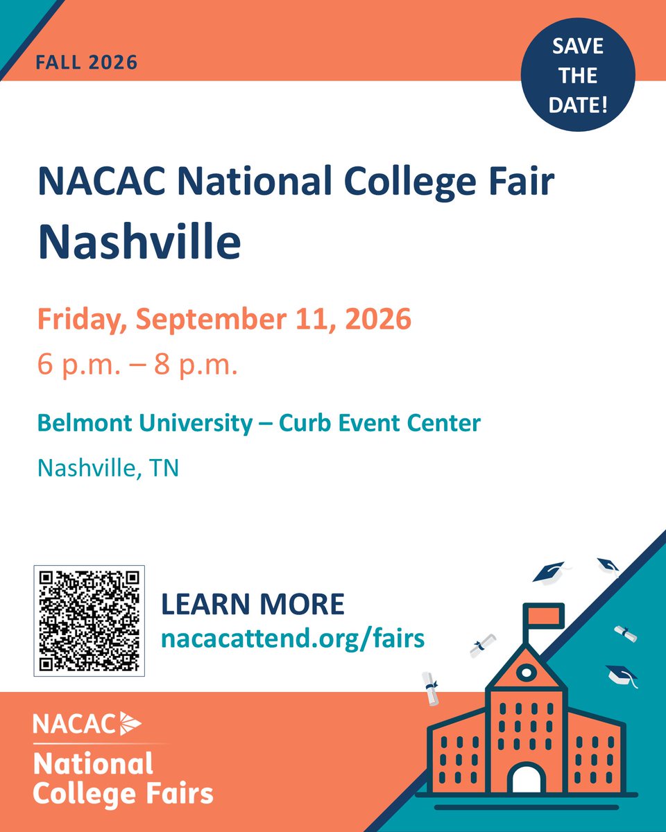 NACACFairs's tweet photo. 🍂 NACAC’s fall 2026 college fair season starts in Nashville on Sept. 11. Students and families can connect with admission representatives, explore their options, and get answers to questions about the college search process—all in one place. 🎓 Register: https://t.co/tH33lKyNkd https://t.co/Xz1FoVL73a