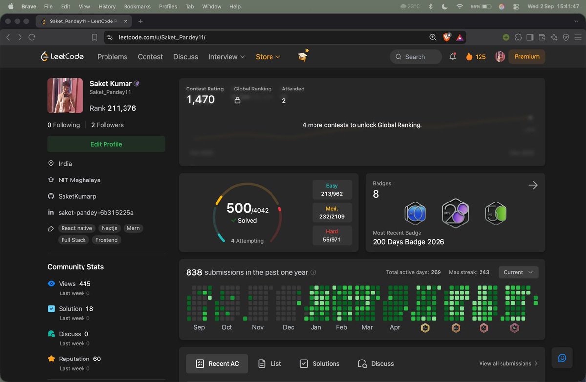 Saket_Pandey11's tweet photo. 500 done for now...
i need to focus more on contests and cp from here on may be one short revision of early topics also
#dsa #leetcode https://t.co/d1IQPJRnK0
