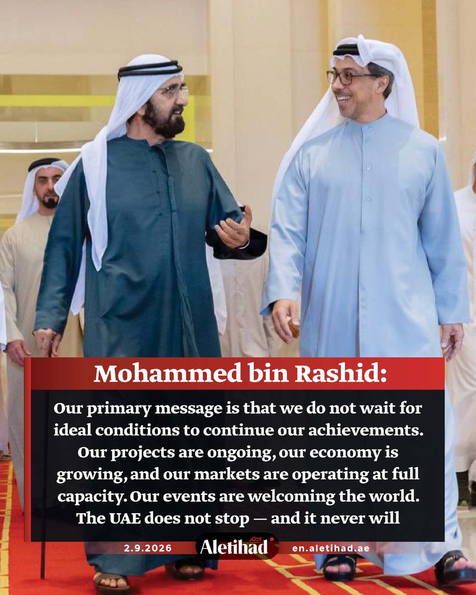 AletihadEn's tweet photo. Mohammed bin Rashid: Today, I chaired a Cabinet meeting at Qasr Al Watan in Abu Dhabi. As we begin our new government season, we have three messages for our team

Our primary message is that we do not wait for ideal conditions to continue our achievements. Our projects are ongoing, our economy is growing, and our markets are operating at full capacity. Our events are welcoming the world. The UAE does not stop — and it never will

Our second message is that we have launched the largest transformative project for government services utilising AI-driven assistance. This is a strategic, national, and future-oriented project upon which we pin our hopes for achieving a qualitative leap in government operations. Our message to all teams is to be an integral part of this strategic transformation of the UAE government

Our third message is that the trust the UAE has built over decades is the currency on which we stake our future — trust established through the development of legislation, regulations, and policies; through massive investment in the world’s best infrastructure; and through a solid reputation and the international relationships we have cultivated

#AletihadNewsCenter #UAE