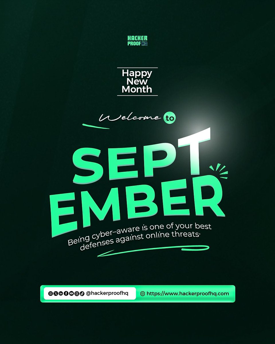 HackerproofHQ's tweet photo. Happy New Month!

Being cyber-aware is one of your best defenses against online threats.

Keep your team informed. Protect your data. Stay secure.

#HelloSeptember #CyberSecurity #CyberAwareness #BusinessSecurity https://t.co/VZafJAo2ka