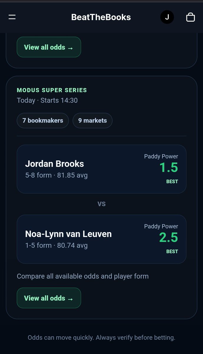 ArbitrageBet4's tweet photo. https://t.co/Mgsyx8hmWs Modus page doesn't just Compare Odds for every game.

 It has individual player profiles for everyone that week showing  stats  averages & Recent games to help you find the best bet💰🔥

#Modussuperseries #modusbets #modus #dartsbets #dartstips
#sportsbetting #sportsdata #ukbetting