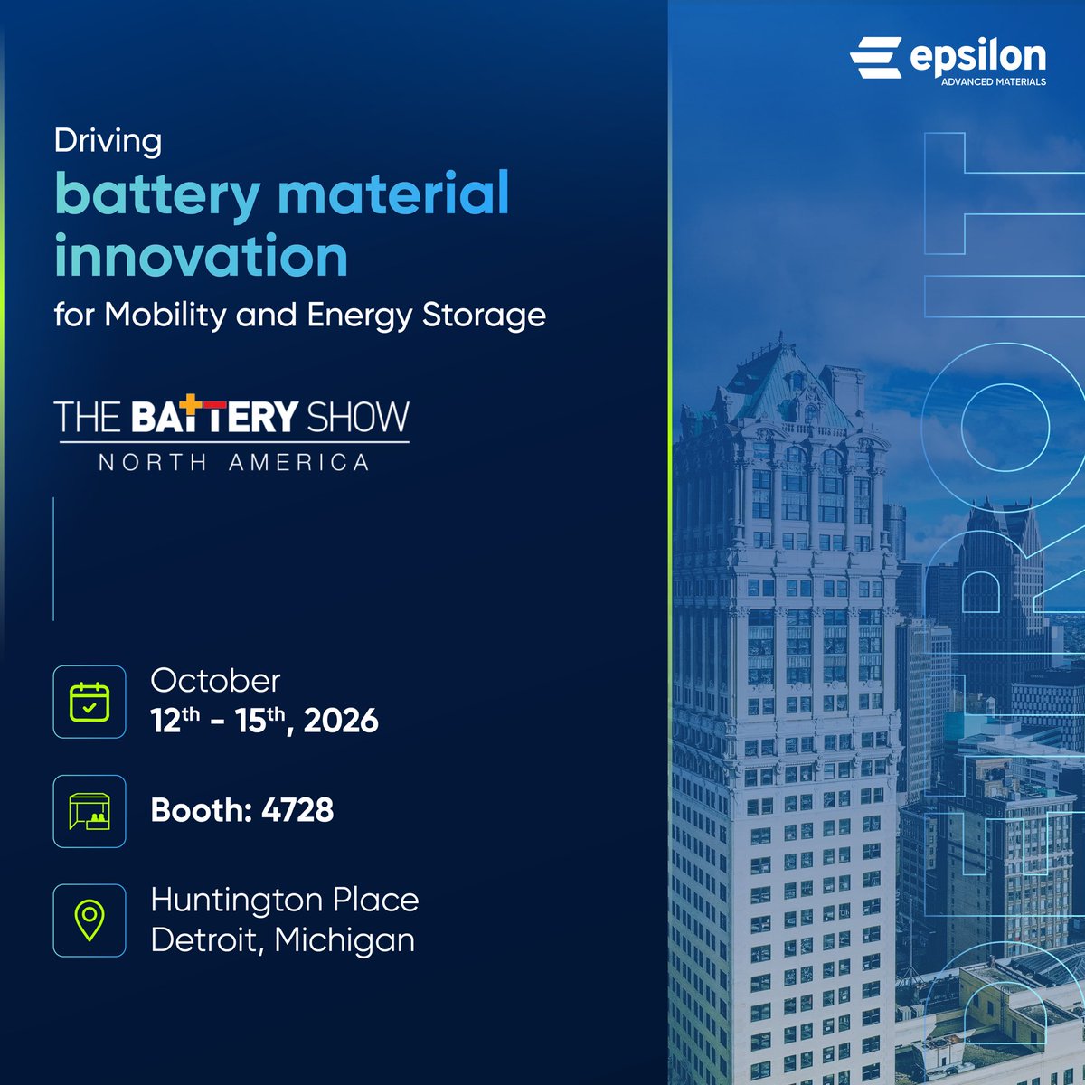 EpsilonGraphite's tweet photo. @thebatteryshow North America is where the battery industry comes together, and we’ll be there. 
Join us in Detroit, Oct 12–15, 2026, as we showcase the materials powering the next generation of batteries. 
Meet us at Booth #4728. https://t.co/3eJje4vi9r