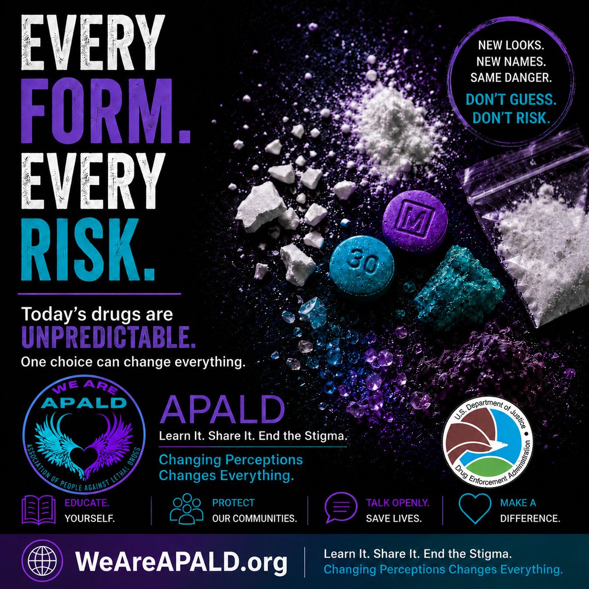 Dianemurban's tweet photo. Every Form. Every Risk.
Don't Risk It.
Today's street drugs are unpredictable!
@WeAreAPALD
#EveryForm #EveryRisk #EndTheStigma https://t.co/VepjJrg2LX