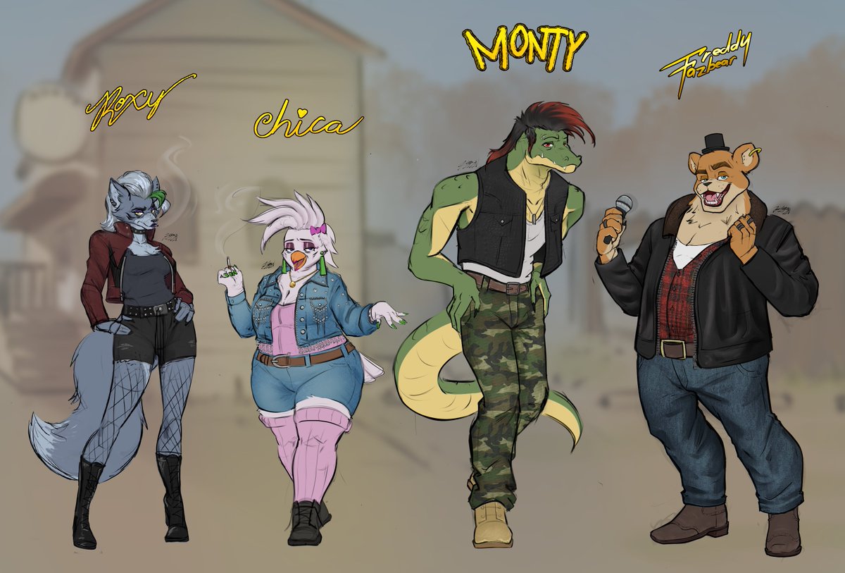 kernArtist's tweet photo. Finally got around to finishing the entire cast.

'Roxy's Pizza Bar' is a FNaF AU where the animatronics were real members of a band that has long been disbanded. It centralizes on Roxanne as she struggles to run a bar she owns out of a midwest town. https://t.co/elRX94RbBG