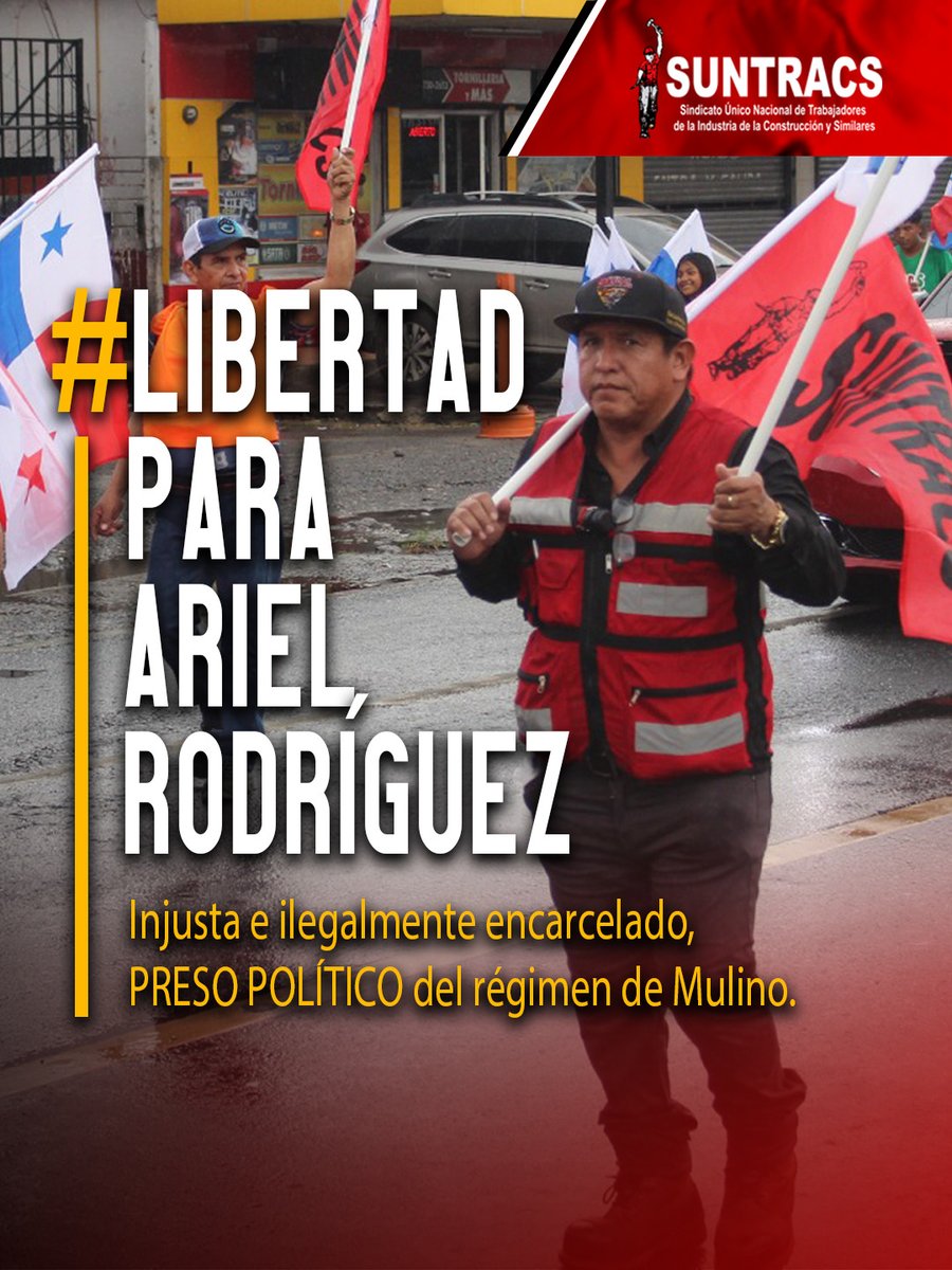SuntracsPanama's tweet photo. LIBERTAD PARA ARIEL RODRÍGUEZ! Desde SUNTRACS exigimos respeto a sus derechos y garantías fundamentales. La organización, la solidaridad y la defensa de la clase trabajadora no pueden ser criminalizadas. ¡La lucha continúa! 🇵🇦 #LibertadParaAriel #SUNTRACS https://t.co/GUMtRNiVid