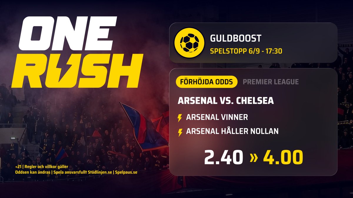 onerushcasino's tweet photo. Guldboost på Londonderbyt ⚡ Arsenal vinner och håller nollan, boostat till 4.00. Spelstopp vid avspark på söndag 17:30.

Spela: https://t.co/Un9IDxfOCj

21+ | Regler och villkor gäller | Oddsen kan ändras | Spela ansvarsfullt | Stödlinjen | Spelpaus https://t.co/Tz00pp9Uua