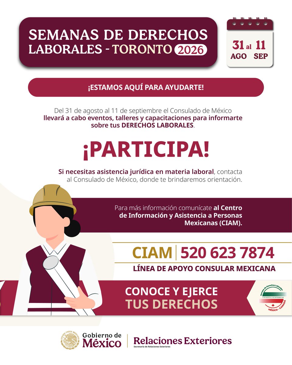 ConsulMexTor's tweet photo. En el marco de la Semana de #DerechosLaborales 2026, infórmate y conoce tus derechos laborales en Canadá.

Si necesitas asistencia jurídica en materia laboral, acércate al Consulado General de México en Toronto para recibir orientación.

#ConoceyEjerceTusDerechos https://t.co/oswDpoZ90P