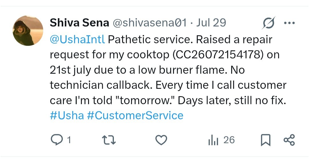 shivasena01's tweet photo. @UshaIntl absolutely pathetic service from usha gas stoves. My stove doesn't even work perfectly after a month. Raised another ticket on Sunday. They promise resolution within 48 hrs but not even a callback from technician.
#worstservice #usha #cooktops https://t.co/uiTkeadq2y