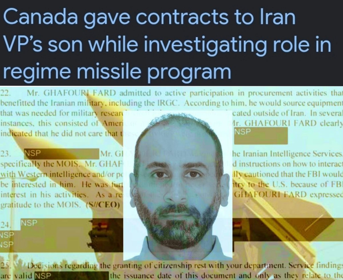 KirkLubimov's tweet photo. It never ceases to amaze me just how compromised and incompetent Canada is....such a wild story.

The Canadian government awarded millions in contracts to a son of an Iranian VP while being under investigation into allegations that he helped the terrorist Islamic Republic of Regime avoid sanctions and develop missile systems.

The details are insane‼️

> Before immigrating to Canada, its alleged he developed anti-aircraft missiles system and jamming tools to confront American aircrafts.
> he was part of a covert procurement structure that used a SE Asia company to buy components for the IRGC.
> He admitted to active participation in procurement activities that benefited the IRGC, according to CSIS.
> He immigrated to Canada via the Alberta skilled worker program 🤦🏼‍♂️
> He traveled back to Iran to meet with Iran's Ministry of Intelligence and Security (MOIS). Their function is to acquire technology for the IRGC.
> He got funding from RCMP and the Depart of National Defense.❗️
> Was part of a trade mission to Latin America.
> Was invited to propose legislation by Alberta's government by the economic development minister.

So the Canadian government, RCMP and Military nonetheless, lined up the pockets and funded tech of someone who CSIS thinks was working for and developing tech for a terrorist regime. And Alberta invited him to consult on legislation.

How is it possible to be so corrupt and incompetent⁉️ F🤬