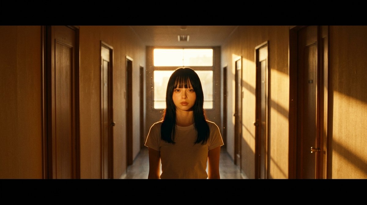 acuce29's tweet photo. Standing alone in a sunlit corridor lined with closed doors, golden light pours in through the far window and dust drifts through the beams. https://t.co/AhQmIKiTQk