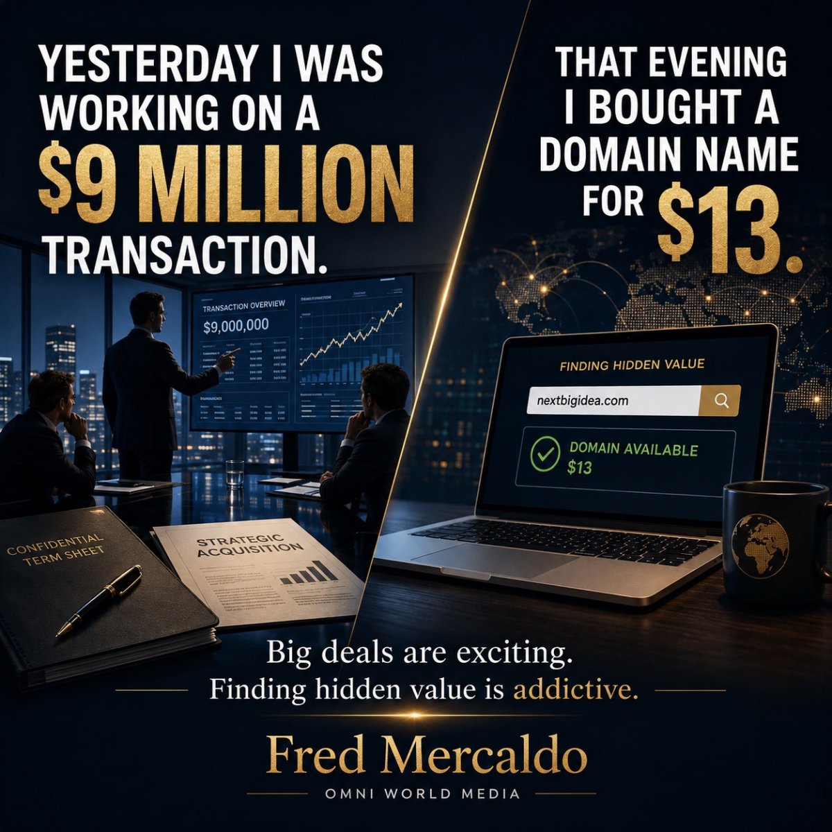 fmercaldo's tweet photo. 𝗬𝗘𝗦𝗧𝗘𝗥𝗗𝗔𝗬 𝗜 𝗪𝗔𝗦 𝗪𝗢𝗥𝗞𝗜𝗡𝗚 𝗢𝗡 𝗔 $𝟵 𝗠𝗜𝗟𝗟𝗜𝗢𝗡 𝗧𝗥𝗔𝗡𝗦𝗔𝗖𝗧𝗜𝗢𝗡.

𝗧𝗛𝗔𝗧 𝗘𝗩𝗘𝗡𝗜𝗡𝗚 𝗜 𝗕𝗢𝗨𝗚𝗛𝗧 𝗔 𝗗𝗢𝗠𝗔𝗜𝗡 𝗡𝗔𝗠𝗘 𝗙𝗢𝗥 $𝟭𝟯.

And I thoroughly enjoyed both.

That's one of the things I still love about the domain business.

At one end of the spectrum, I can spend hours working through the economics of a multimillion-dollar acquisition—financing, working capital, seller terms, equity, revenue growth and what an extraordinary digital asset could ultimately mean to an operating company.

Then later that same day, I can look through hundreds of expiring domain names and find one for $13 that makes me stop and think:

“Someone is going to want this someday.”

The numbers couldn't be more different.

The underlying exercise is remarkably similar.

Find something undervalued.

Determine who could benefit from owning it.

Understand how they could make money with it.

Acquire it at the right price.

Be patient.  😃 

𝗔 $𝟭𝟯 𝗱𝗼𝗺𝗮𝗶𝗻 𝗱𝗼𝗲𝘀𝗻'𝘁 𝗵𝗮𝘃𝗲 𝘁𝗼 𝗯𝗲𝗰𝗼𝗺𝗲 𝗮 𝗺𝗶𝗹𝗹𝗶𝗼𝗻-𝗱𝗼𝗹𝗹𝗮𝗿 𝗱𝗼𝗺𝗮𝗶𝗻 𝘁𝗼 𝗯𝗲 𝗮 𝘁𝗿𝗲𝗺𝗲𝗻𝗱𝗼𝘂𝘀 𝗶𝗻𝘃𝗲𝘀𝘁𝗺𝗲𝗻𝘁.

Buy something for $13 and eventually sell it for $5,000?

That's an extraordinary return.

The risk is tiny.

𝗧𝗵𝗲 𝗶𝗻𝘁𝗲𝗹𝗹𝗲𝗰𝘁𝘂𝗮𝗹 𝗲𝘅𝗲𝗿𝗰𝗶𝘀𝗲 𝗶𝘀 𝗳𝘂𝗻.

And every once in a while, you find something far better than you expected.

I've spent decades doing business, negotiating transactions and working with major digital assets.

And I can tell you this:

I still get a kick out of finding a great domain name for $13.

Maybe that's why I've never gotten tired of this business.

Big deals are exciting.

Finding hidden value is addictive.

Getting that Afternic - a GoDaddy brand or https://t.co/b2JijvlZa1 or https://t.co/qAPbx9OaNH notice in your inbox that a transaction has occurred is exciting.  

𝗔𝗻𝗱 𝘀𝗼 𝗮𝗿𝗲 𝘁𝗵𝗲 𝗕𝗶𝗴 𝗗𝗲𝗮𝗹𝘀!!!!

Fred Mercaldo FM@OmniWorldMedia.com
Omni World Media