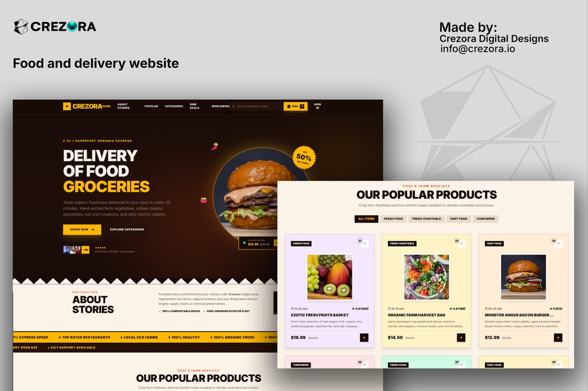 crezora_io's tweet photo. A food &amp; grocery delivery website.

New project drop: a food &amp; grocery delivery website blending bold typography, warm product photography, and an intuitive ordering flow. 

From hero banner to product grid, every section was designed to keep users hungry.

✉️info@crezora.io https://t.co/JuwzyxtKLZ