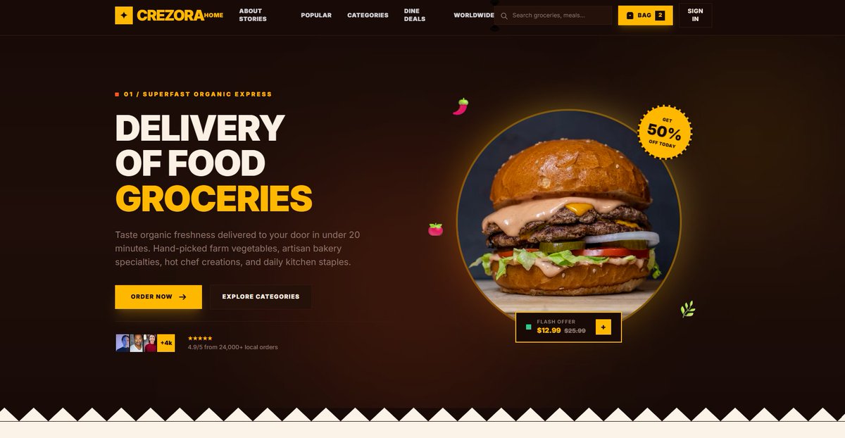 crezora_io's tweet photo. A food &amp; grocery delivery website.

New project drop: a food &amp; grocery delivery website blending bold typography, warm product photography, and an intuitive ordering flow. 

From hero banner to product grid, every section was designed to keep users hungry.

✉️info@crezora.io https://t.co/JuwzyxtKLZ