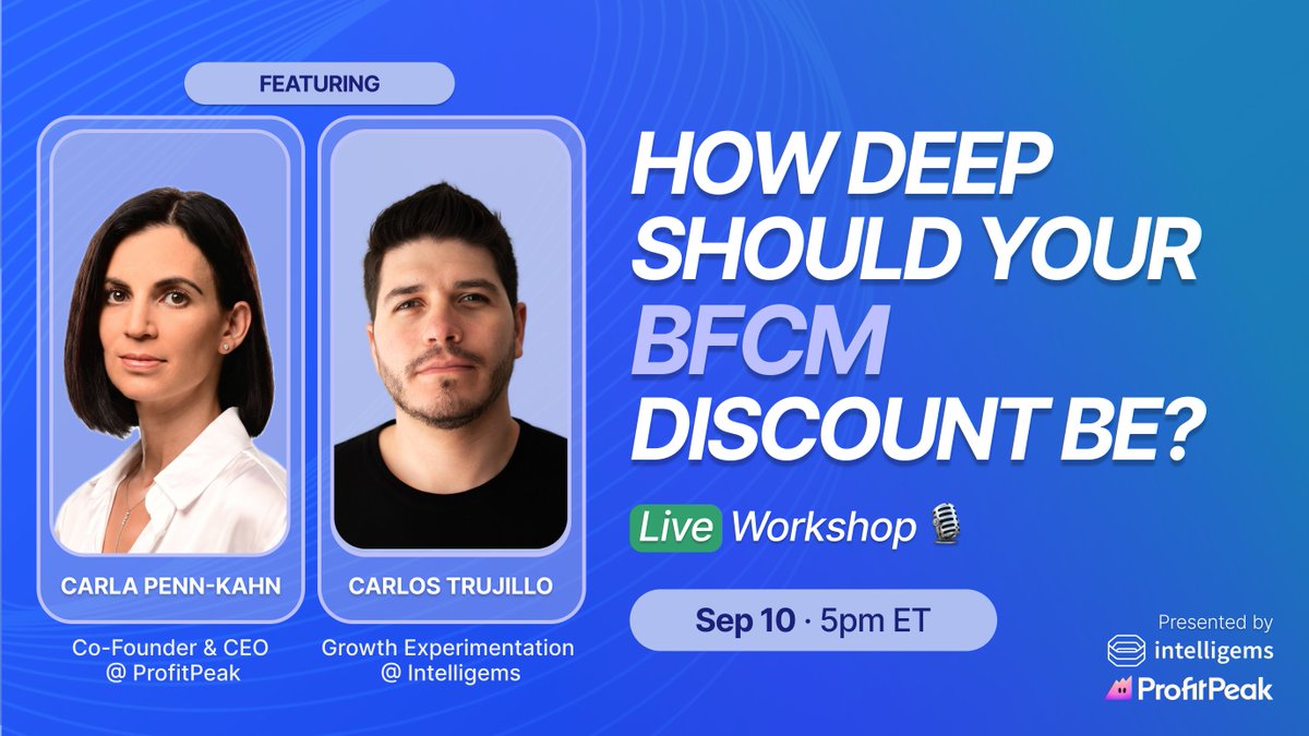 Intelligems's tweet photo. We looked at BFCM 2025 across 853 brands running Intelligems.

There's a point where discounting deeper stops doing anything for you, and it sits lower than you'd expect.

The brands who shaved just a little off did worst of all. Weaker than the ones who went deep, and weaker than the ones who held their price.

The tricky part is that revenue goes up either way, so the discount always looks like it worked. The depth you didn't need to give away never shows up on the dashboard.

Which is how the same number gets picked every year.

That's what our live workshop on September 10 is about.

@CarlaPennKahn from ProfitPeak brings her data on discount depth. @catrugo gets into how you'd find your own ceiling before November, and whether it's even worth testing during peak at all.

Register to join us live and get the replay 👇

https://t.co/Ne3b20BmG6