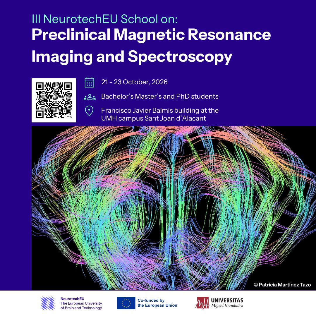 NeuroAlc's tweet photo. The 3rd @theneurotechEU School on Preclinical Magnetic Resonance Imaging and Spectroscopy is coming! 🧠🧲
Organised by @NeuroAlc researchers Santiago Canals and Silvia De Santis.
📅 21–23 Oct | 📝 Apply by 13 Oct
More info 👇https://t.co/94x07OOOD0 https://t.co/RCiy5HqJLA