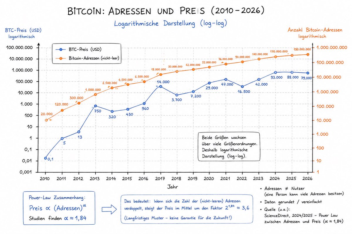 xcurad's tweet photo. Bitcoin Power law korniin dabiici ah qiimaha Bitcoin ku koro, tusaale ahaan haddii marka magaaladdu fiddo waxaa korra qiimaha goobahaas magaaladdu gaadhay. 

Markasta oo Tiradda adressyadda Bitcoin isticmaalaan bataan waxaa kordha qiimaha Bitcoin. 

Siddaana 2033 1BTC=1M 💵 https://t.co/pBrk20Vxhg