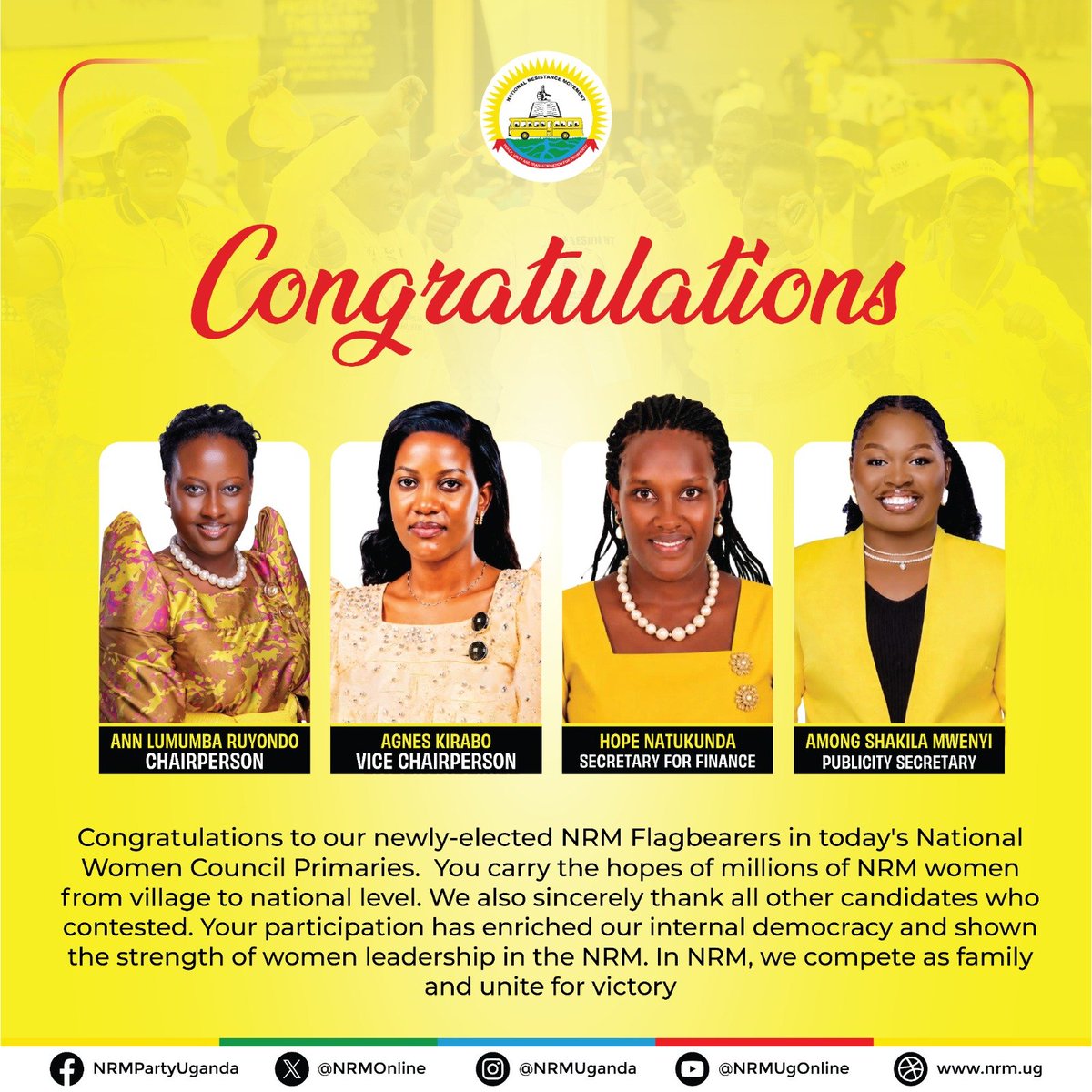emmanuel_dombo's tweet photo. 📤Congratulations to our newly-elected NRM Flagbearers in today's National Women Council Primaries. 

We wish you all the best in the coming national elections. https://t.co/4ErRrSfTNW