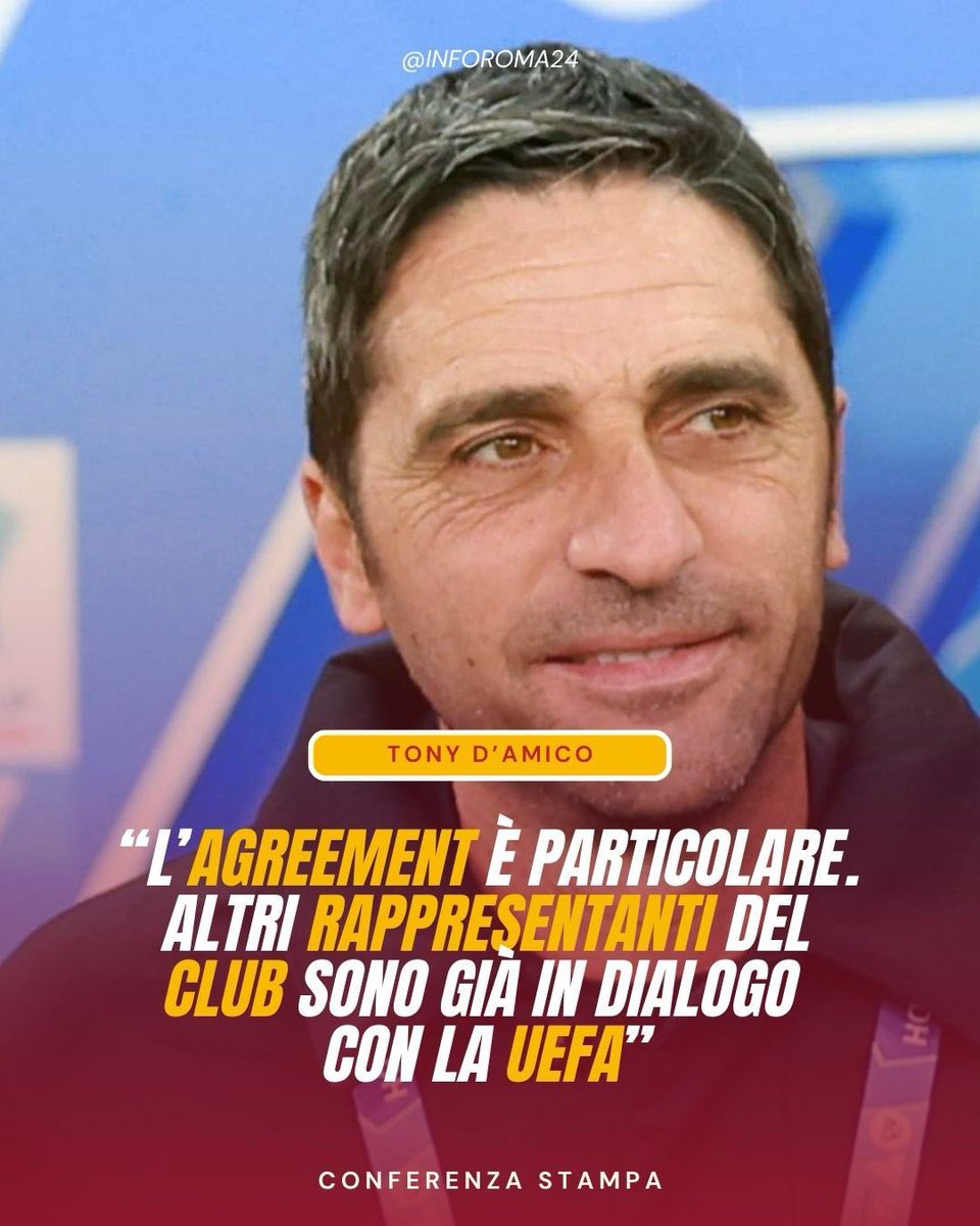 inforoma24's tweet photo. 🟡🔴 Prima conferenza stampa ufficiale per Tony #DAmico da direttore sportivo dell’#ASRoma.
🗣️ Il DS giallorosso Tony #DAmico ha fatto il punto sui vincoli del #SettlementAgreement con la #UEFA e ha affrontato il tema rinnovi. https://t.co/UHyeu3ivjH
