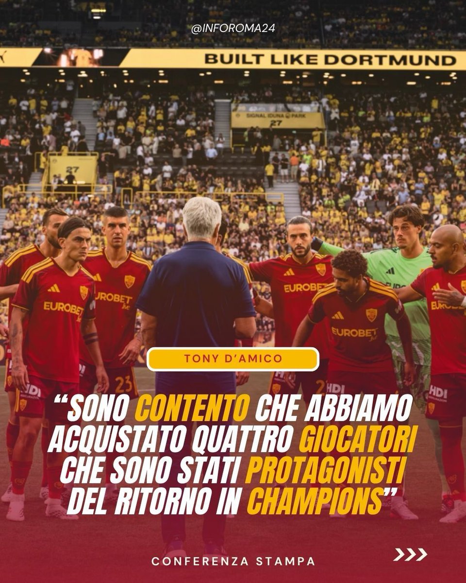 inforoma24's tweet photo. 🟡🔴 Prima conferenza stampa ufficiale per Tony #DAmico da direttore sportivo dell’#ASRoma.
🗣️ Il DS giallorosso Tony #DAmico ha fatto il punto sui vincoli del #SettlementAgreement con la #UEFA e ha affrontato il tema rinnovi. https://t.co/UHyeu3ivjH