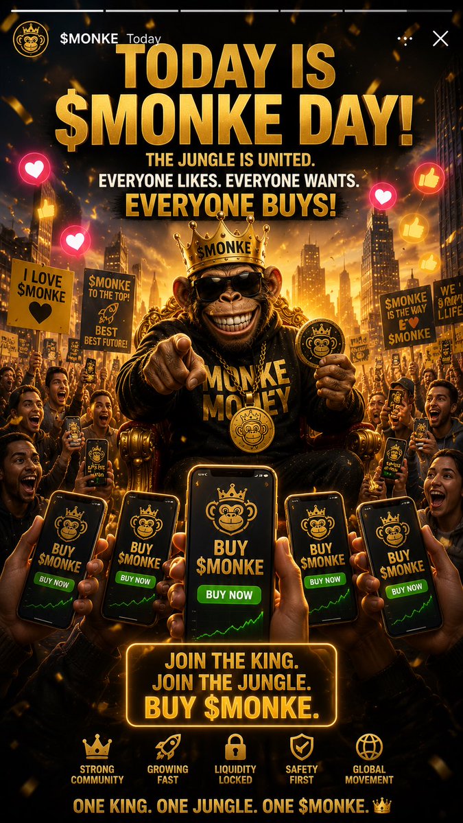 THEMONKEMONEY's tweet photo. 🐒👑 THE JUNGLE WOKE UP.

It started with one MONKE, one crown, and one ridiculous idea. 🍌

Then another ape showed up.
Then another.
Memes started flying. The jungle got louder. 🌎

Today isn’t about chasing promises or pretending anyone knows tomorrow’s price.

It’s about building something people actually want to be part of.

Create the memes. Share the laughs. Grow the community.

👑 ONE KING. ONE JUNGLE. ONE $MONKE.

#MONKE #MemeCoin #Crypto