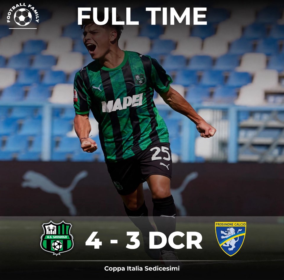 FootballFam_'s tweet photo. FULL TIME

Finisce 4-3 dopo i calci di rigore la sfida tra #Sassuolo e #Frosinone valevole per i sedicesimi di Coppa Italia. Agli ottavi, la squadra di Aquilani affronterà la Juventus! 🔚 https://t.co/2TNOyirjgs