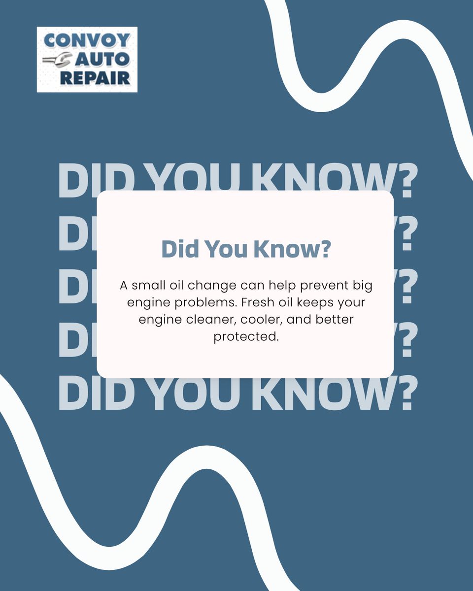 ConvoyAuto's tweet photo. Small Oil Changes Prevent Big Engine Trouble.

Convoy Auto Repair makes routine maintenance simple, honest, and stress-free. Protect your engine before problems start.

Book your oil change today: /
.
.
.
#ConvoyAutoRepair https://t.co/xJrGsD3cMt