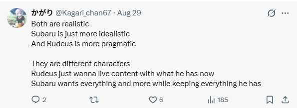 HiNaGiKu_Basket's tweet photo. @ReZero_Ameen I kinda agree

Subaru being younger just makes him more optimistic, idealistic &amp; hopeful for more

Rudeus being older makes him more "realistic &amp; practical"  in a sense that he's content with what he has https://t.co/yLX24pHykj