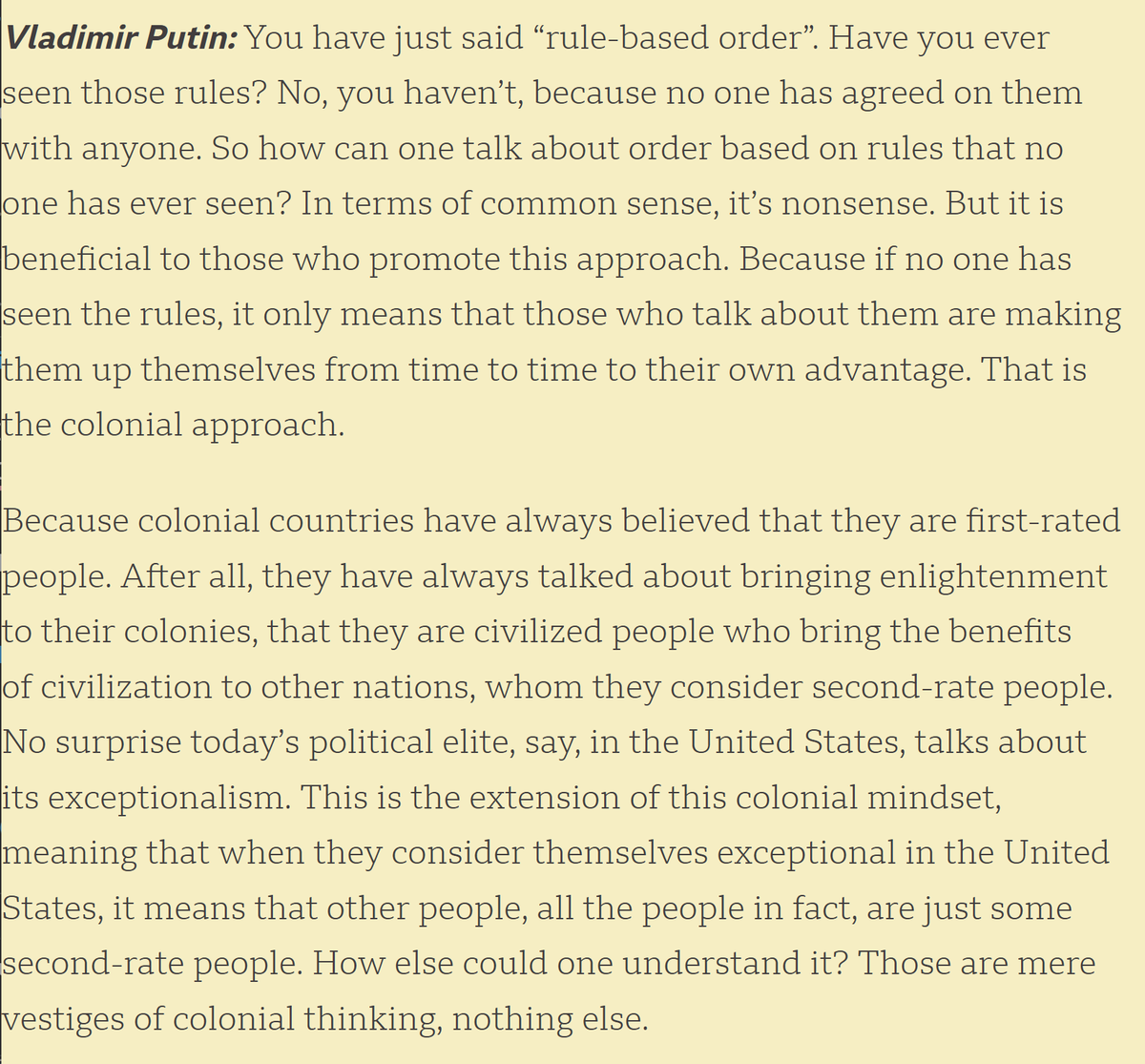 __Rambutan__'s tweet photo. @PLottaz Putin demolished the rule-based order in an interview. https://t.co/SMyRg6hT6i