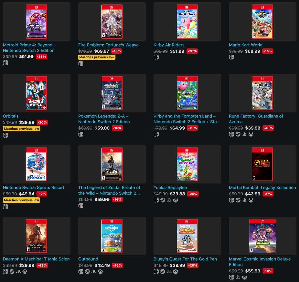 Nintendeal's tweet photo. Switch 2 physicals with game on card that are on sale right now: https://t.co/vGlzgXaaev

Metroid Prime 4: Beyond
Fire Emblem: Fortune's Weave
Kirby Air Riders
Mario Kart World
Orbitals
Pokemon Legends: Z-A
Nintendo Switch Sports Restort
Zelda
+more https://t.co/cikE0Br1XH