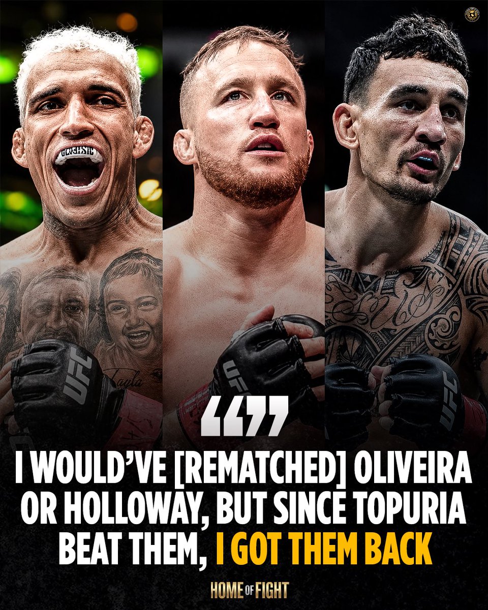 Home_of_Fight's tweet photo. 😯🗣️ When asked which of his opponents he’d like to rematch most, Justin Gaethje said he feels like he already got Oliveira and Holloway back by beating Topuria: 

“I would’ve [rematched] Oliveira or Holloway, but since Topuria beat them, I’m gonna go ahead and justify it to myself like I got them back.

So I guess McGegor, would be fun to shut him up.” 

(via @UFConParamount) 🔹